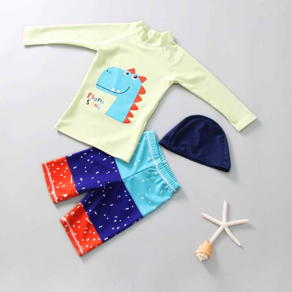 Baby Kids Jongen Cartoon Dinosaurus Print Badpak Tops Shorts En Hoed Zwemmen Set Zomer Strand Lange Mouw Koele badpak