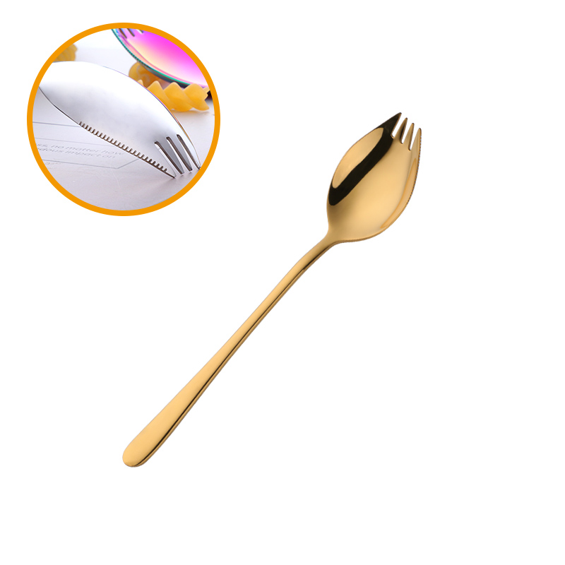 Ske gaffel genanvendelig langt håndtag salat ske rustfrit stål 3 in 1 dessert gaffel skeer servise: Guld