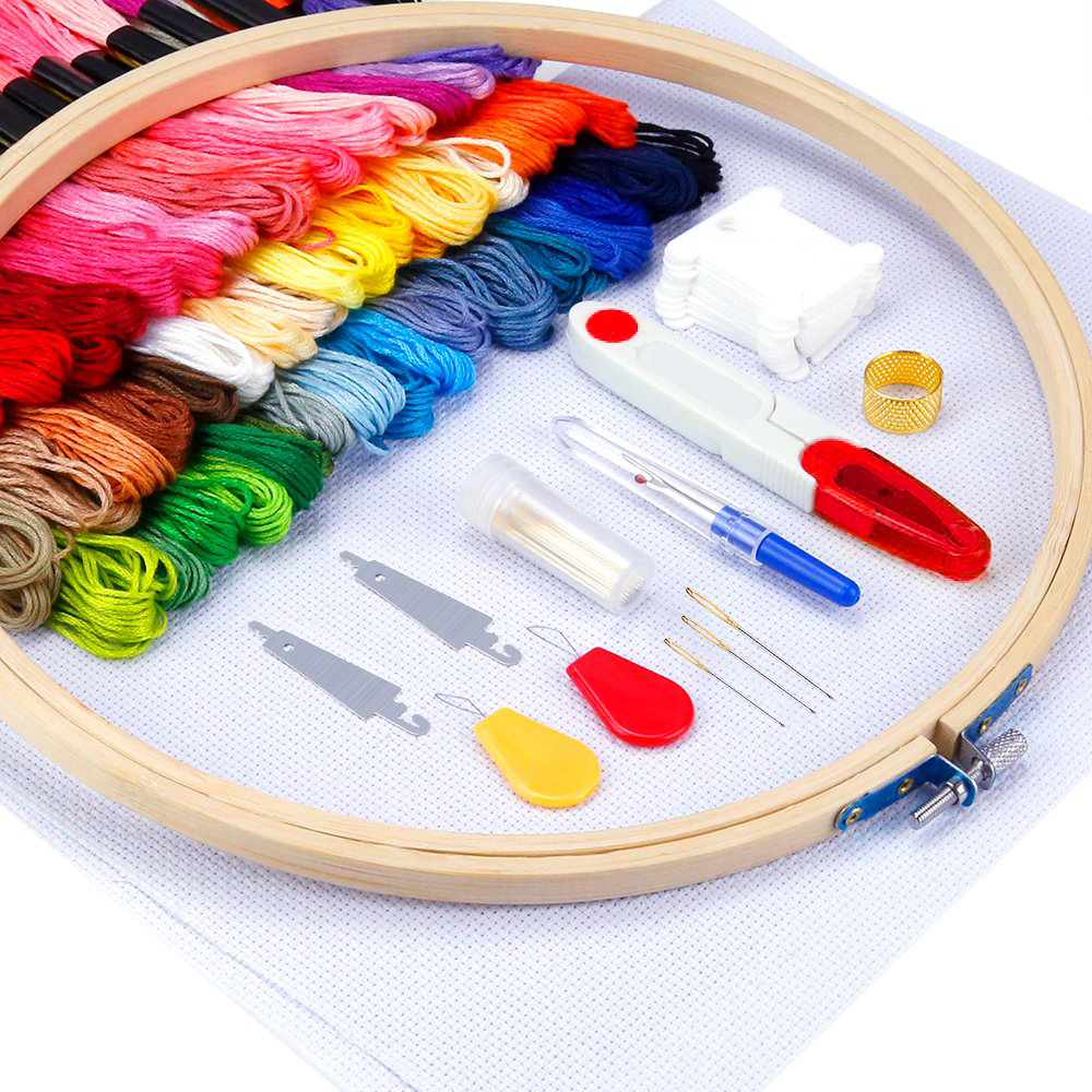 Embroidery Starter Kit Full Set-Magic Embroidery Pen Punch Needle,Hoops,Threads,Stitching Punch Pen Set Craft Tool for Beginner
