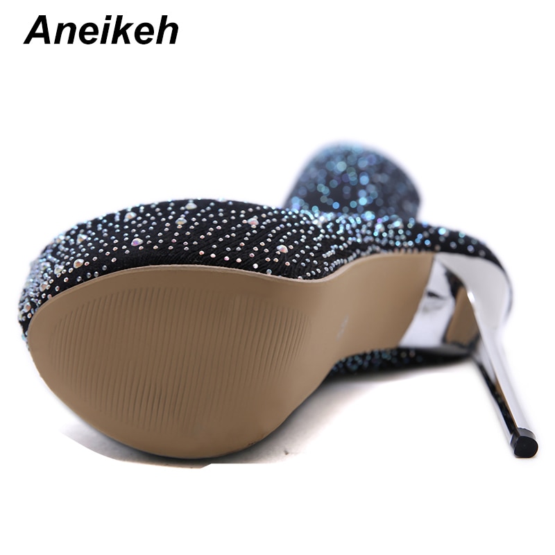 Aneikeh pasarela cristal calcetín de tejido elástico plataformas botas puntiagudas sobre la rodilla 16CM talón muslo alto club nocturno