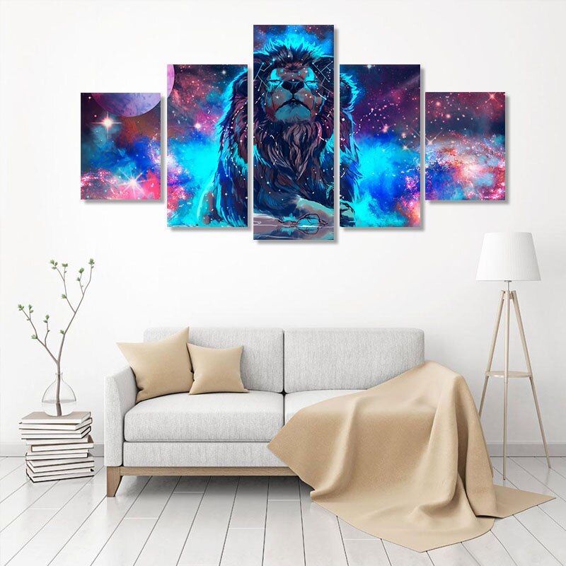 5 Panel Oil Painting Starry Sky Lion Art Canvas Wall Hanging Art Landscape Modern Living Room Decoration Painting Frameless