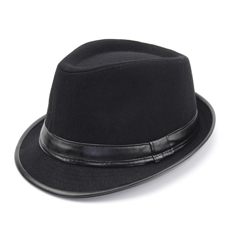 [AETRENDS] sombrero Fedora Jazz estilo inglés para hombre, sombrero de invierno de fieltro de lana Vintage, sombrero Panamá Z-5312: Black with Leather