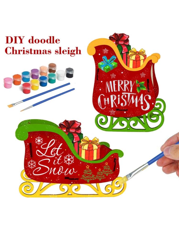 Diy Kerst Slee Decoratie Kit Met Verf Borstels Houten Ambachtelijke Kunst Voor Kid M68E