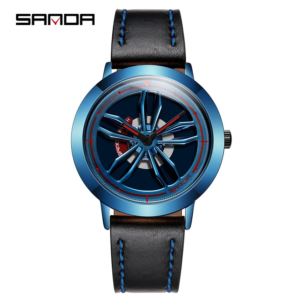 Rotating Wheel Dial Men Watches Car Rim Sports Quartz Watches Waterproof Leather Band Watches Relogio Masculino: With scale blue