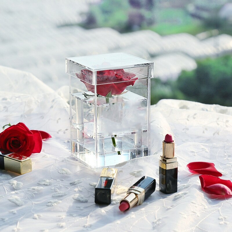 Clear Acryl Rose Flower Box Make-Up Organizer Kunstmatige Bloem Boeket Bloem Box Valentijnsdag Bruiloft Decor