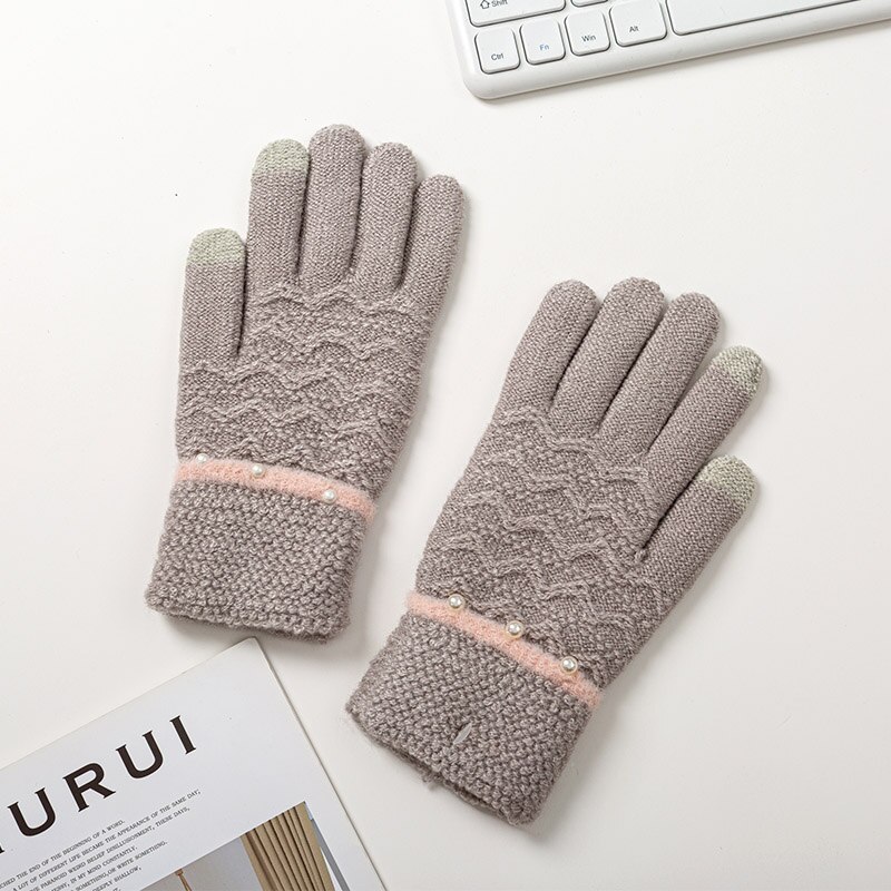 Vinter stickade handskar för kvinnor tjocka varma handskar kvinnlig pärladekoration pekskärm full fingrar handledsvantar damer guantes: Grå
