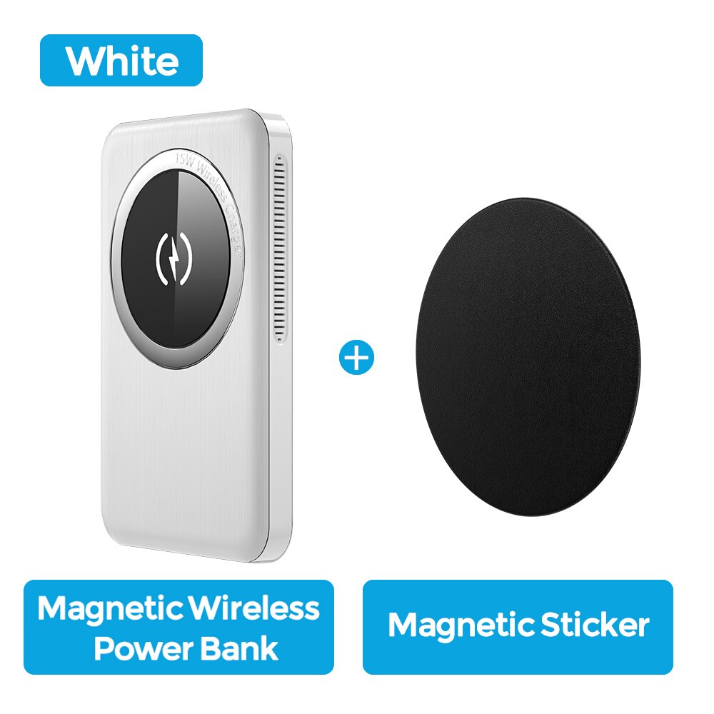 YKZ Magnetic Power Bank PD 20W Fast Charging 10000mAh 15W Wilreles Powerbank External Battery For iPhone12 Pro Max Samsung S21: White Magnet Sticker