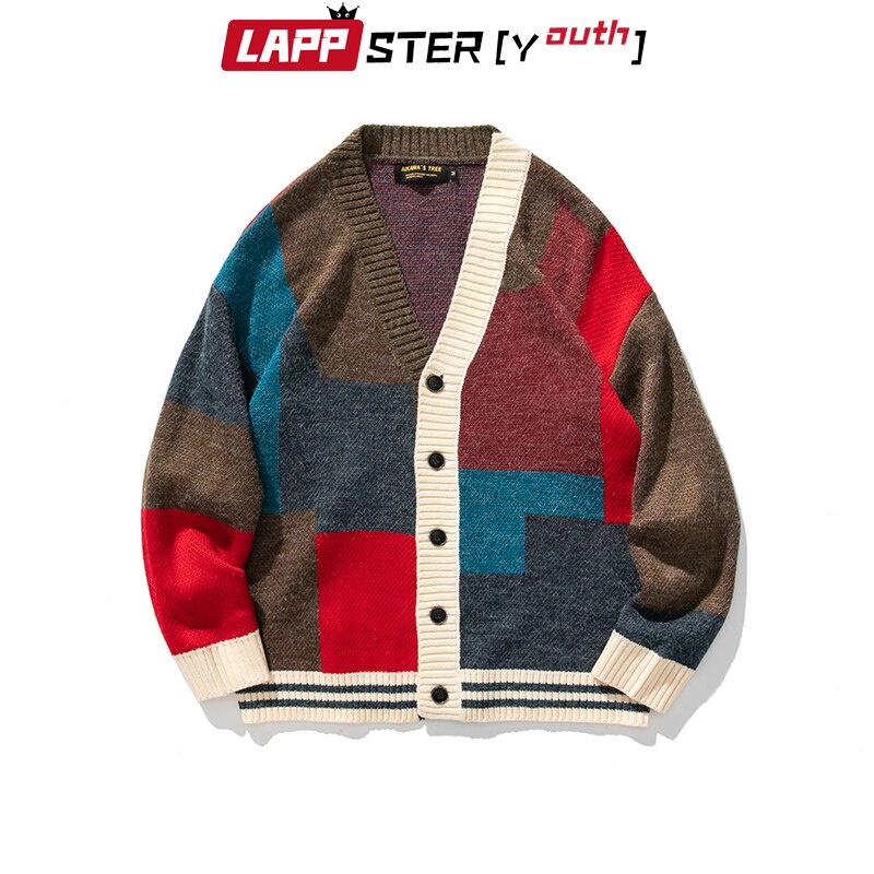 LAPPSTER-Youth Men Patchwork Winter Cardigan Autumn Mens Harajuku Korean Oversize Knitted Sweater Male Button Coats