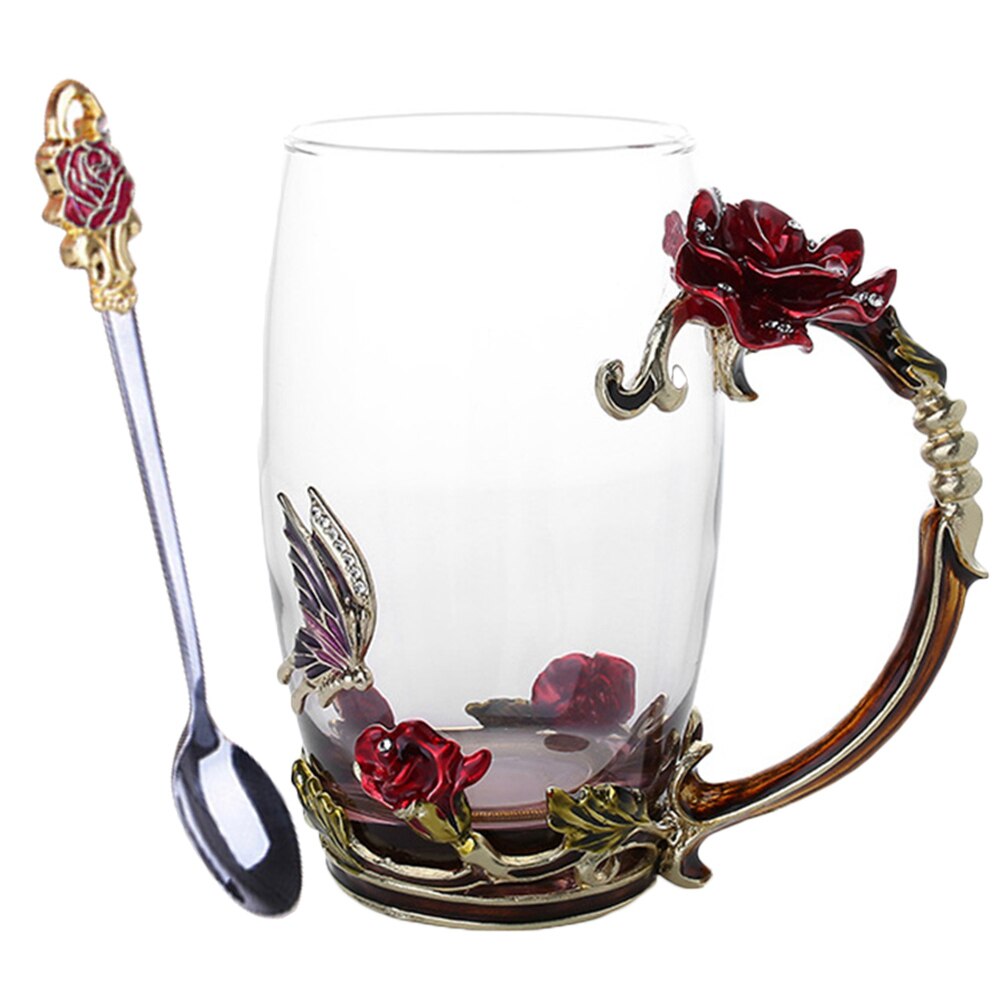 Zuinig Emaille Koffie Thee Cup Mok 3D Rose Vlinder Glas Cups Huwelijkscadeau ds99: Red Long With spoon