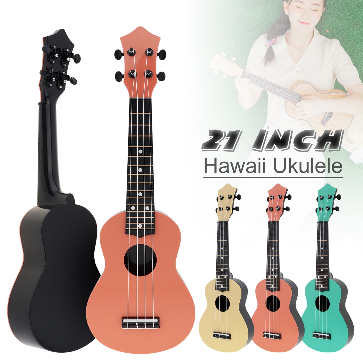 Ukulele soprano colorido de 21 cordas, guitarra havaiana mini instrumento para crianças e iniciante de música