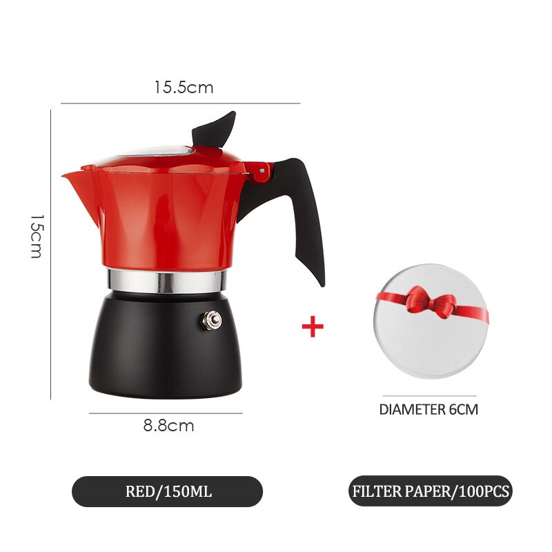 150/300ml Moka Coffee Pot Coffee Maker Aluminum MochaEspresso Pot Italian Coffee Machine Rapid Stovetop Coffee Brewer Cafe Tool: red  150ml