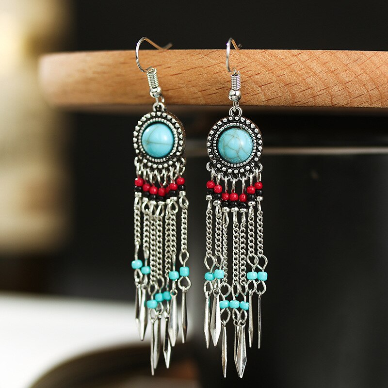 Boho Jewelry Long Chain Tassel Dangle Earrings Brincos Stone Beads Female Earrings Silver Color Jhumkas indian Unique Jewellery