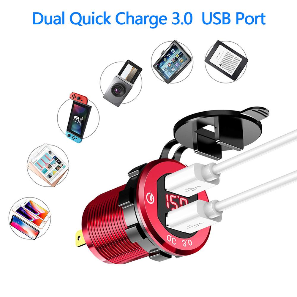 Quick Charge 3.0 Dual Usb Charger Socket, waterdichte Aluminium Power Outlet Snelle Lading Met Led Voltmeter Voor 12V/24V Gereedschap