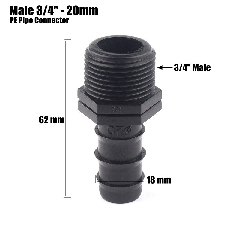 5 st 1/2 " 3/4 " hangänga pe-röranslutningar bevattningsslanganslutningar bevattningsrör gängad rak anslutningsadapter: Hane 3 l 4 tum -20mm