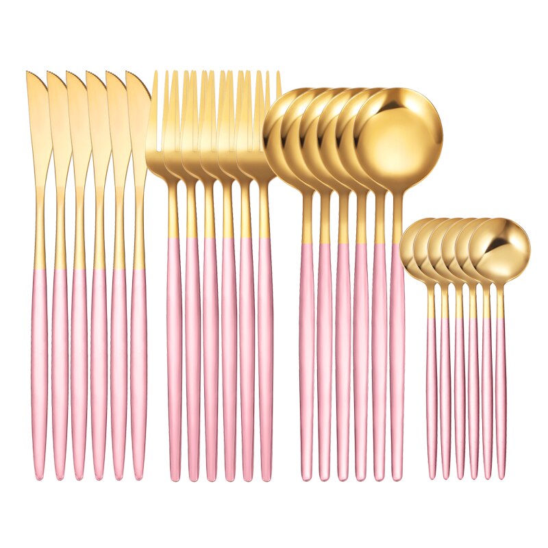 Green Gold 24 Piece Cutlery Cutlery Set Non-fading Cutlery Set Stainless Steel Cutlery Dinner Kitchen Household Knives: 24Pcs Pink Gold