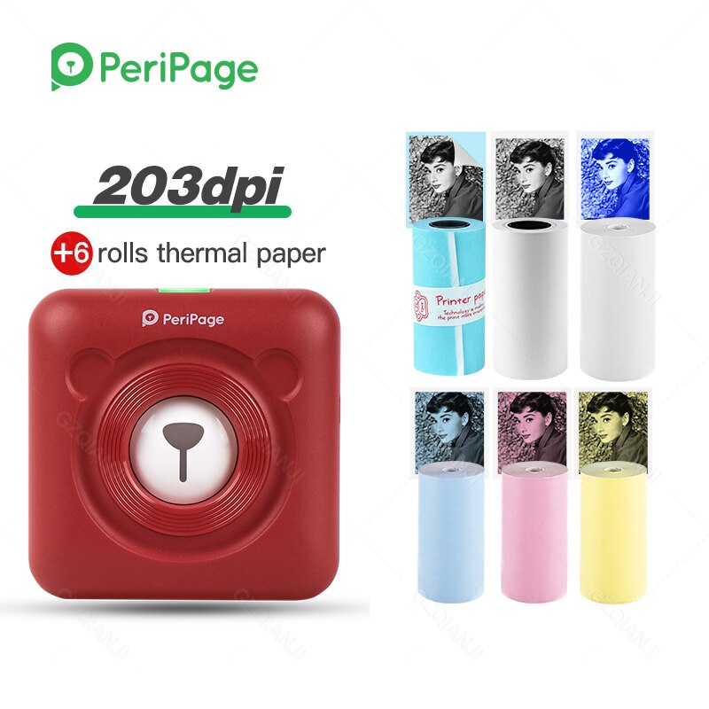 Peripage Rode Draagbare Thermische Bluetooth Printer 203Dpi 2 "Rode Photo Factuur Mini Draadloze Printer Voor Android Ios Mobiele telefoon: Red 203Dpi 6Roll
