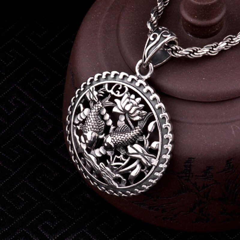 Retro Thai Silver Round Carved Lotus And Fish Pendant 925 Sterling Silver Year Harvest Pendant Silver Lotus Pendant