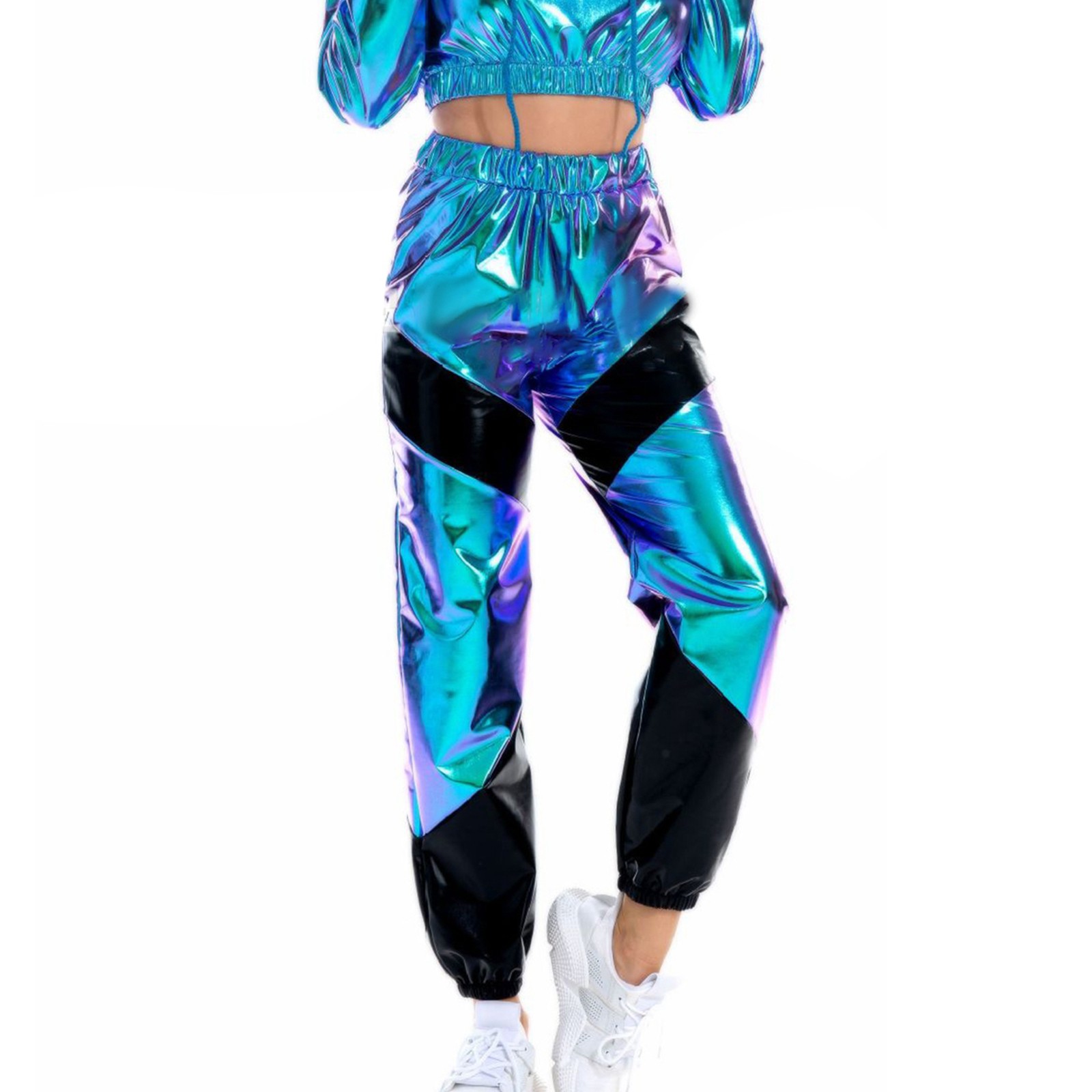 Metalliske skinnende damebukser holografisk natklub fritid gade hiphop fest patchwork rave outfits kvindelige lige bukser: S / Blå