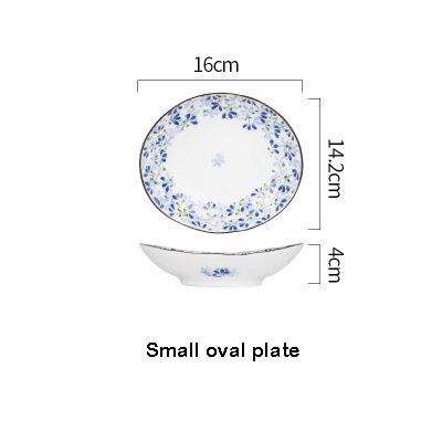 Serie de flores azules de estilo japonés, vajilla de cerámica de hueso claro, plato para el hogar, plato occidental, tazón de arroz, tazón grande: Small oval plate
