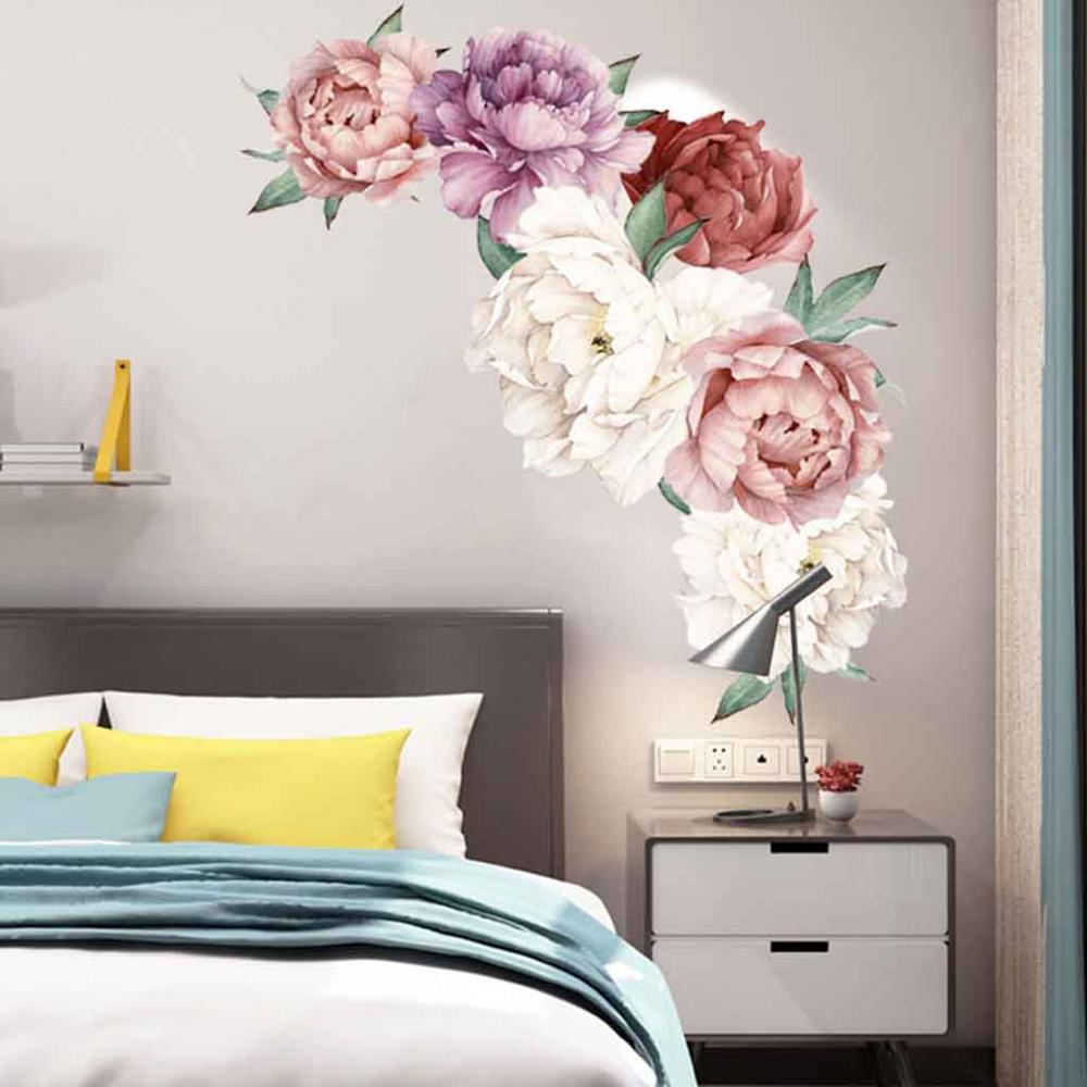 Plante verte autocollant Mural bricolage pivoine Rose fleurs plage feuilles de palmier tropicales Stickers muraux Art moderne vinyle décalcomanie murale