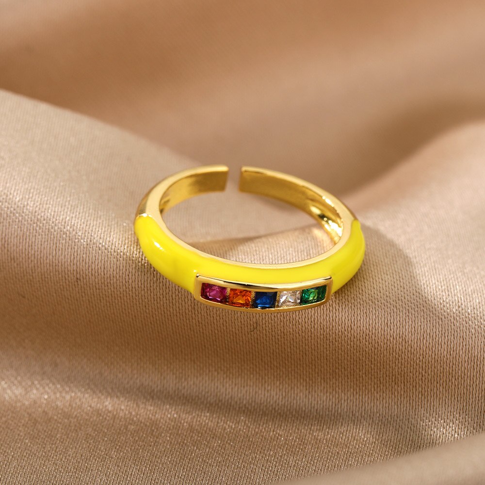 Rainbow Enamel Druipend Olie Zirkoon Ring Voor Vrouwen Rvs Goud Verstelbare Snoep Ringen Partij Sieraden Bijoux Femme: JZ2630G-6
