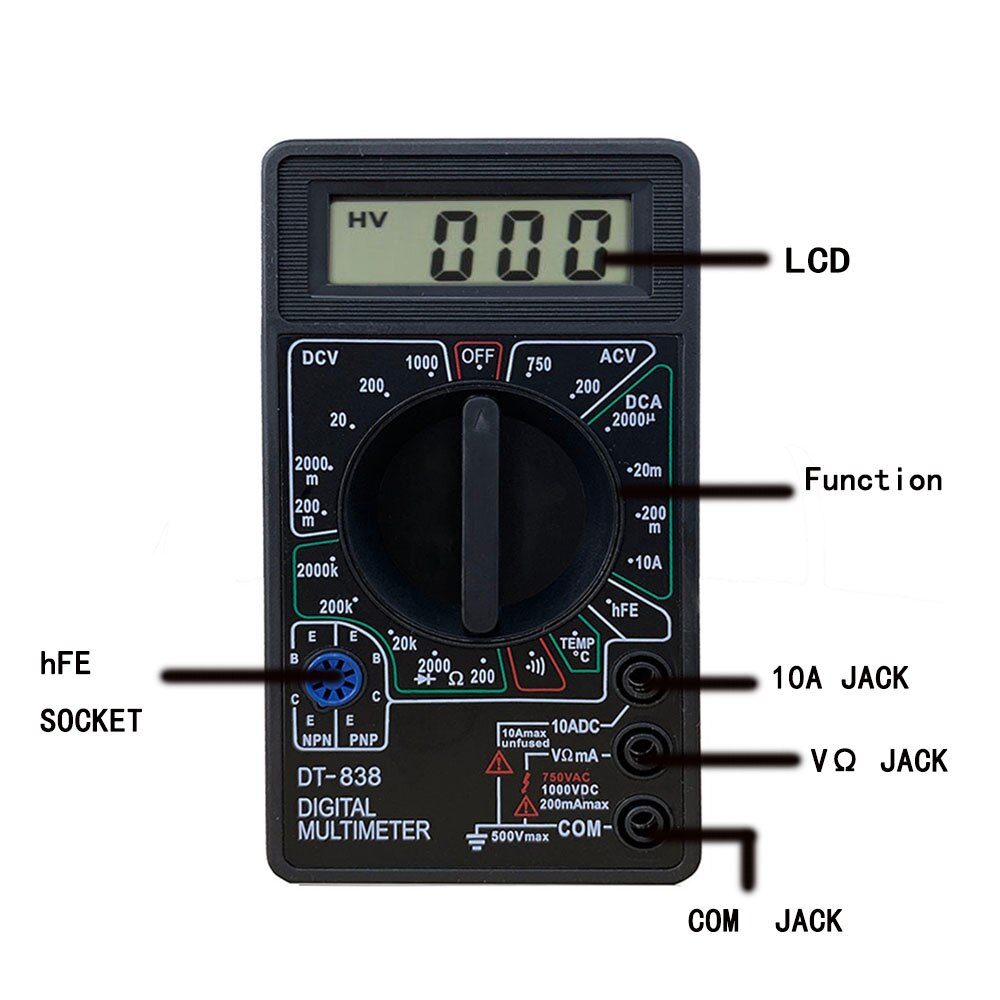 DT-838 Digital Multimeter Volt/ Amp/Ohm/Temperature Meter Voltage ...