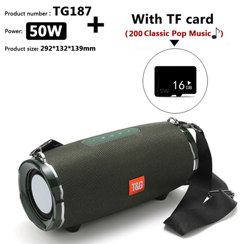 TG187 Altoparlante Bluetooth da 50 W ad alta potenza Colonna portatile impermeabile da esterno Altoparlante potente per altoparlanti per computer Subwoofer BoomBox Supporto per sistema 3DStereo Music Center TF FM AUX: TG187 Green TF card