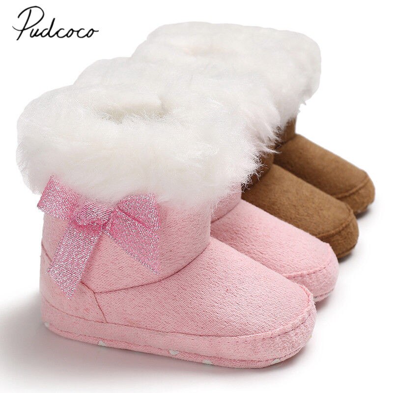 Winter Peuter Baby Meisje Jongen Warme Laarzen Booties Sneeuw Slippers Effen Bont Slip-On Boog Katoen Harige Schoenen 0-18M