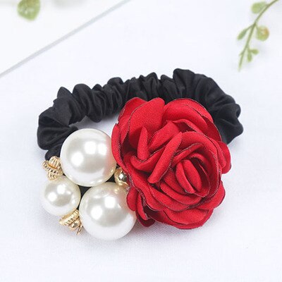 coréenne cheveux accessoires grande perle Rose fleur cheveux cravate camélia cheveux corde coiffe diamant-clouté élastique: Rouge