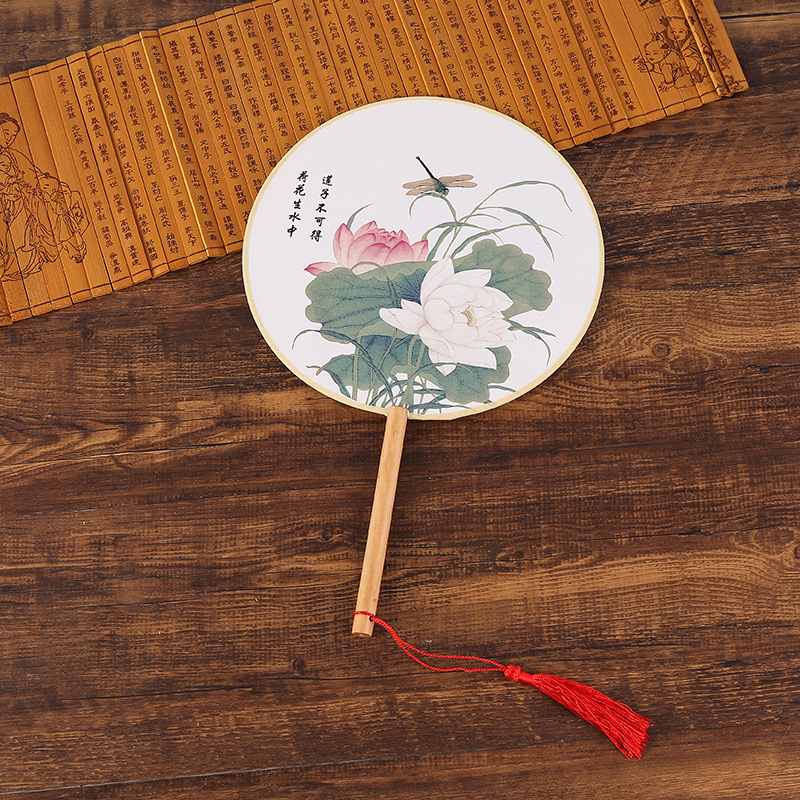 Vintage Round Fan Long Handle Tassel Dancing Hanfu Circular Fan Ancient Chinese Style Classical Printed Court Round Fan Wedding: 7