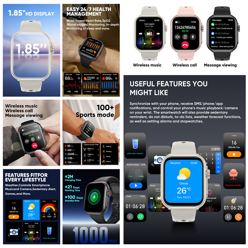 Wytrzymały inteligentny zegarek 1000mAh połączenia Bluetooth mężczyźni kobiety Smartwatch bransoletka zdatność sportowy niestandardowy zegarek twarz 2025 nowość dla Xiaomi