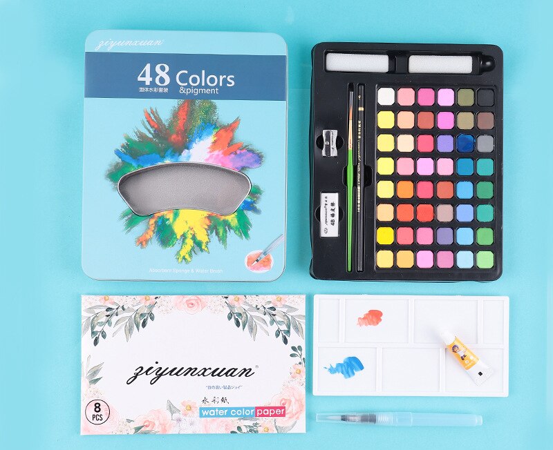Set waterverf 48 kleuren voor kinderen beginners handgeschilderde waterverf vaste pigment kunstbenodigdheden: 48 kleuren-blauw