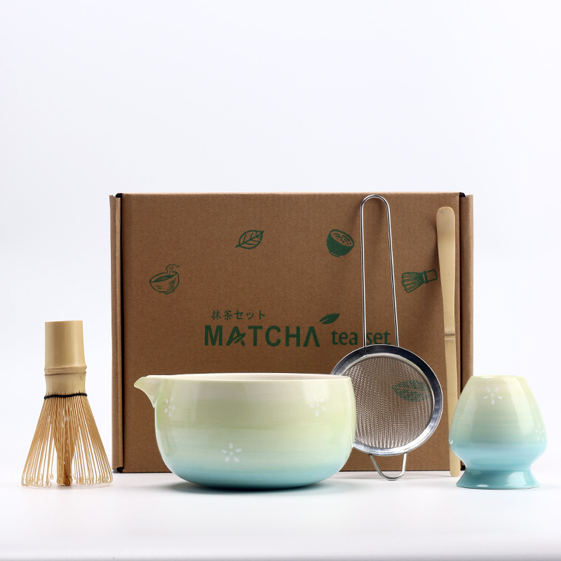 Vintage Matcha Ceramic Set Chawan Bamboo Matcha Whisk Scoop Holder Bamboo Brush Teaspoon and Sieve Matcha Teaset Giftbox: Light Grey