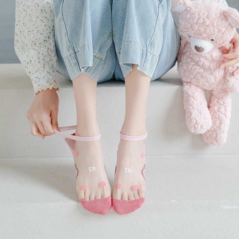Calcetines transparentes de corte bajo para mujer, medias suaves finas y transpirables de dibujos animados, de Color caramelo, 5 pares