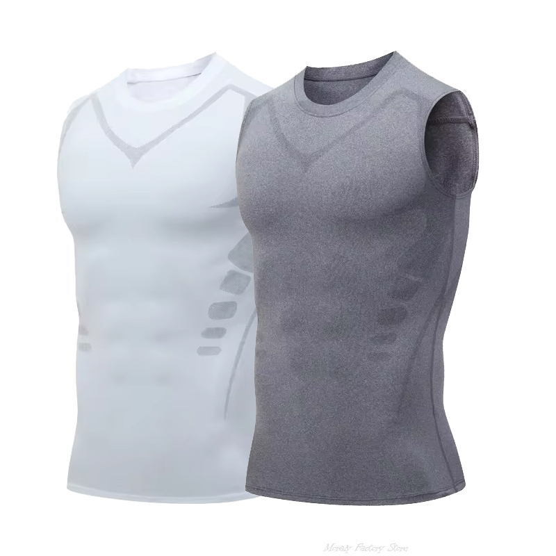 Sommerfitness kompressionstrøje til mænd, shapewear med ærmer, terapivest, herre, issilke kompressionstanktops, bodyshapewear: Xxxl / Blå