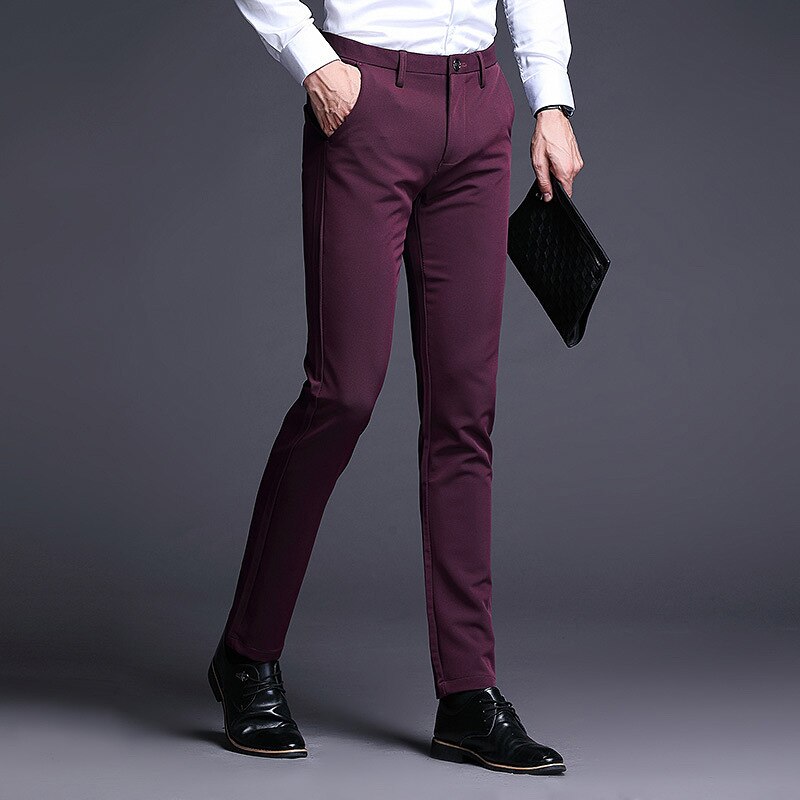 Men's Wine Red Slim Trousers Stretch Youth Pants Suit Pants