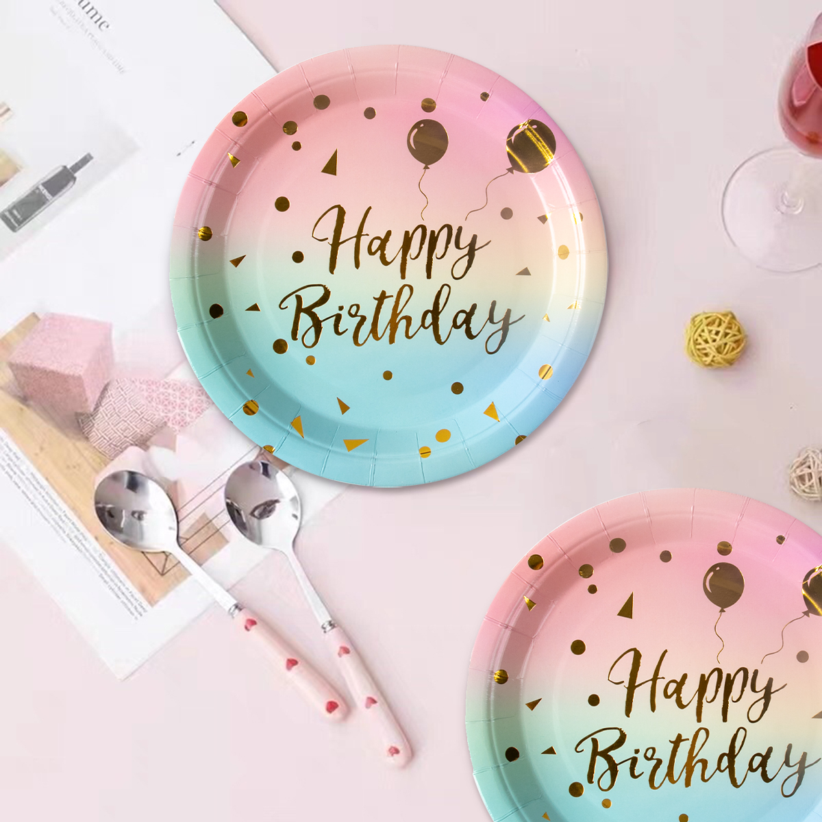 Pastelowa tęczowa impreza urodzinowa jednorazowa zastawa stołowa złota kropka tęczowy gradientowy papierowy talerz kubek serwetka urodziny materiały ślubne