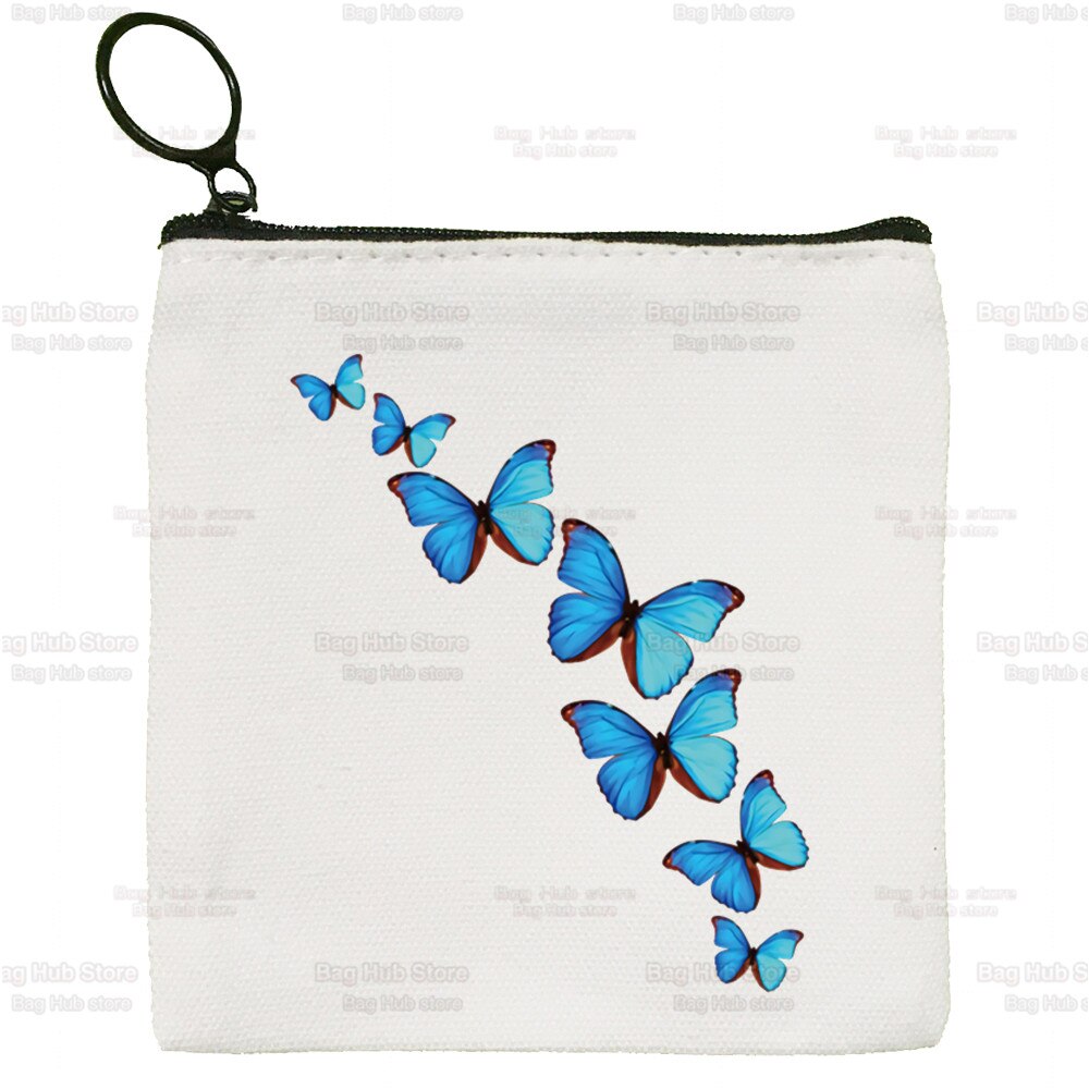 Blue Butterfly Color Flying Flower Cartoon Coin Purse Female Mini Canvas Art Cute Key Case Coin Purse Student Wallet