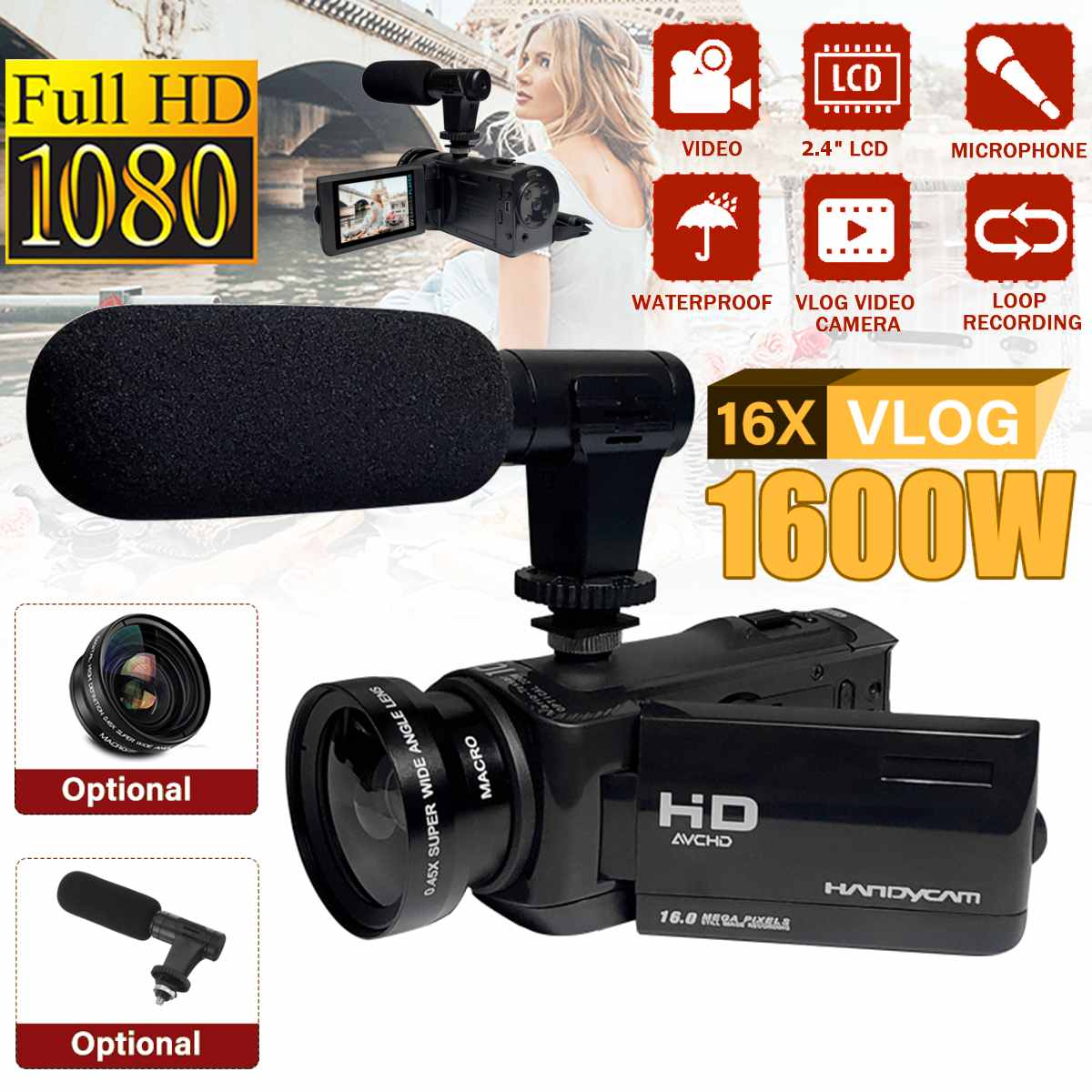 1080P HD camcorder video camera night vision 2.4 in LCD screen Camera 16X digital zoom camera with microphone