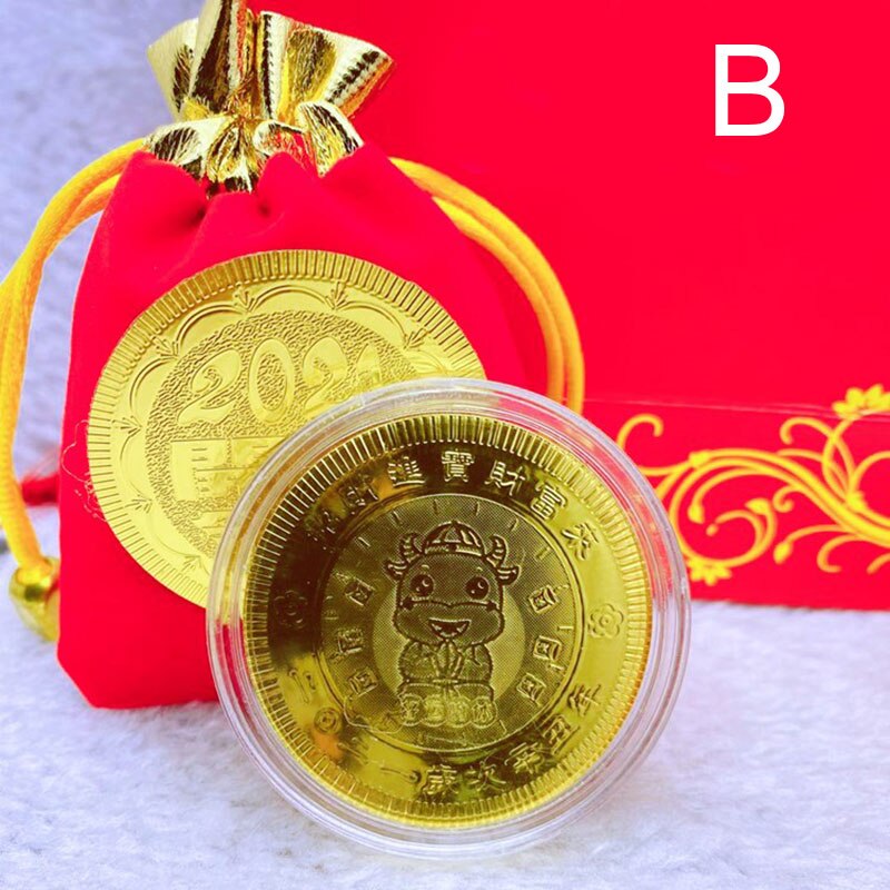 Year of The Ox Zodiac Gold Coin with Year Red Cloth Bag Commemorative Coin Feng Shui Decorations Supplies GHS99: b