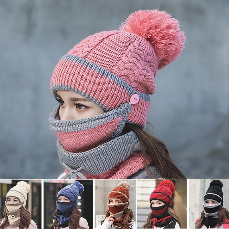 Gebreide wollen muts gebreide muts dames sportkleding plus fluweel 3 stuks/set masker sjaal set winddicht paardrijden warme buitenactiviteiten