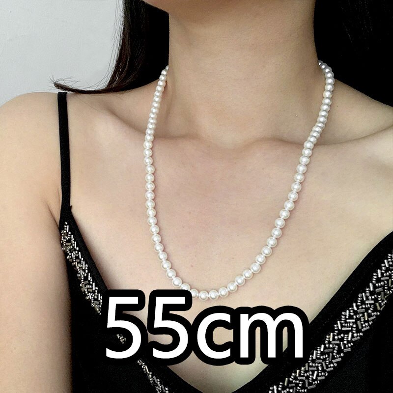 Joias clássicas elegantes, 40-60cm, luz brilhante, 6mm, concha, colar de pérola, prata esterlina 925, corrente de cauda para mulheres: 55cm