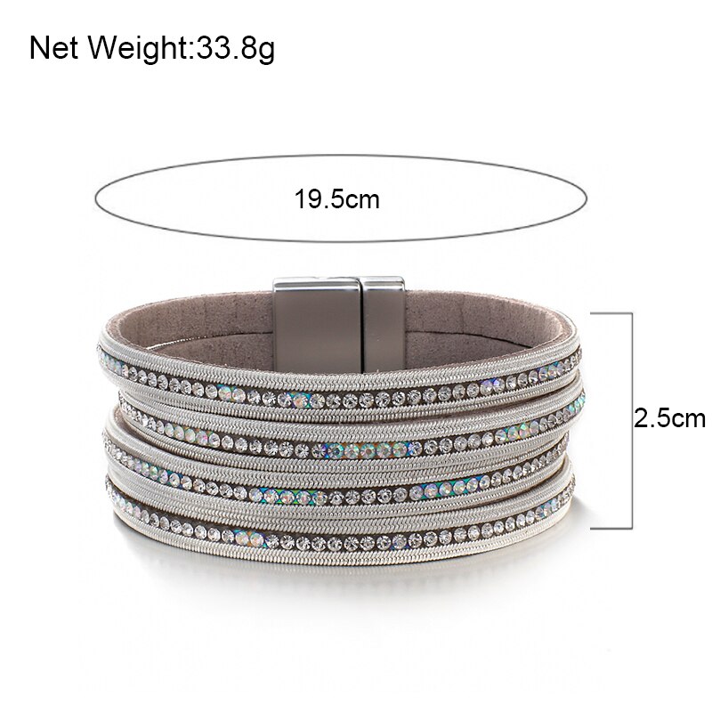 Amorcome Multilayers Rhinestone Leather Bracelet for Women Crystal Charm Wide Wrap Bracelets & Bangles Jewelry