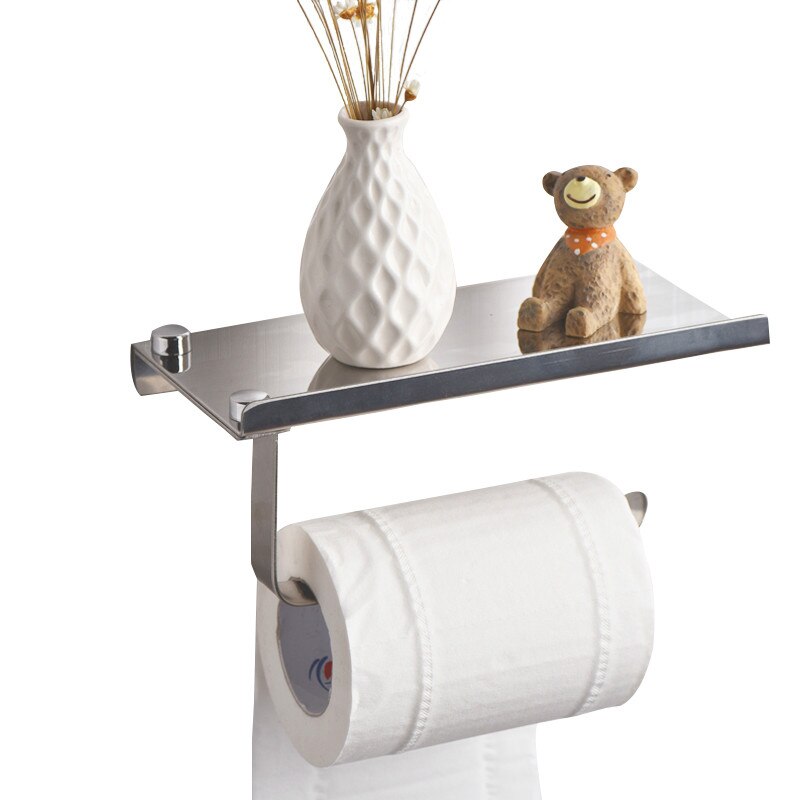 ZhangJi Wall Mount Metal Toilet Paper Holder with Phone Shelf Bathroom Stainless Steel Roll Paper Holder Mobile Phone Rack