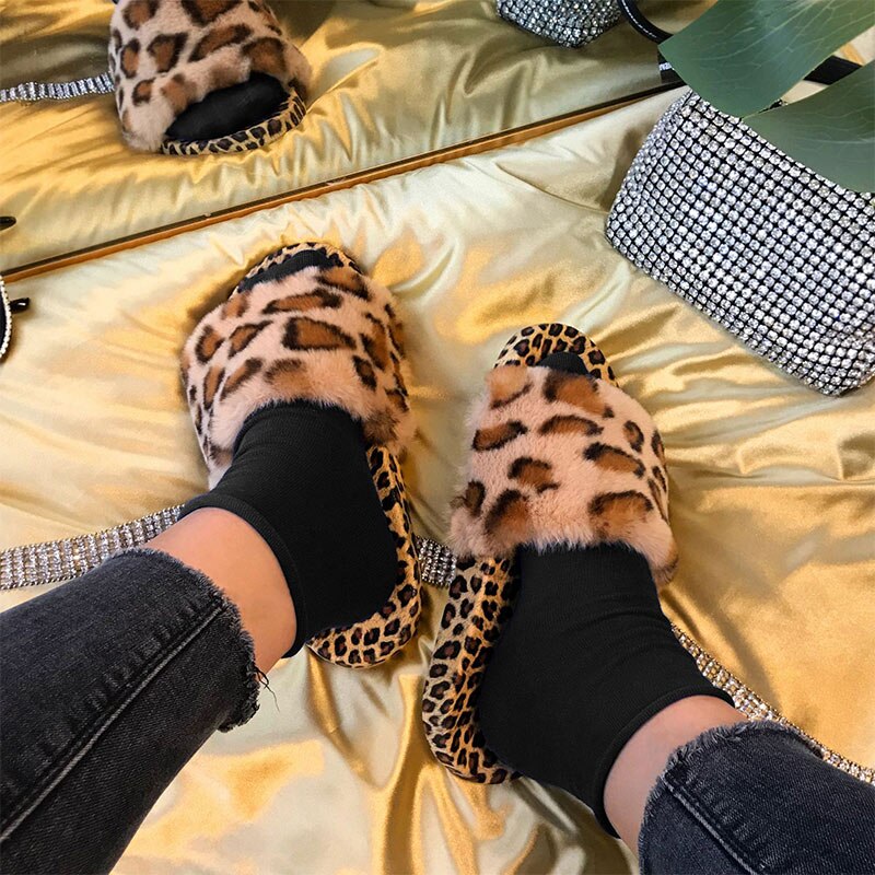 Kvinnor tofflor dam våren plysch öppen tå leopard plattor skor kvinnlig avslappnad komfort plattform toffel kvinna sko