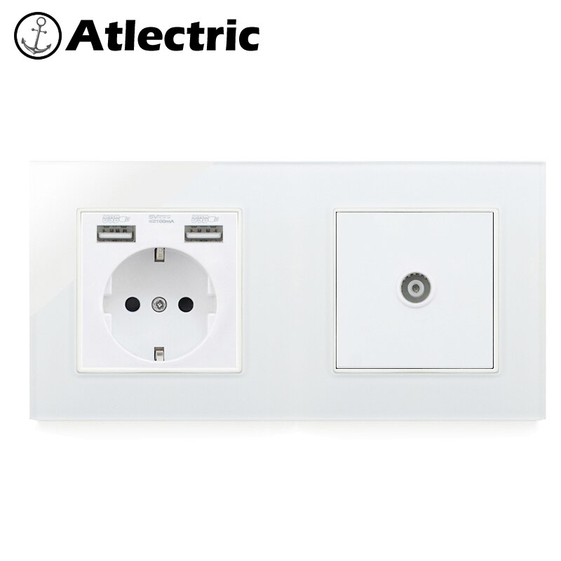 Atlectric de eu stik vægstik dobbelt usb , rj45,  tv port dobbelt stik stik stikkontakt glas panel led indikator