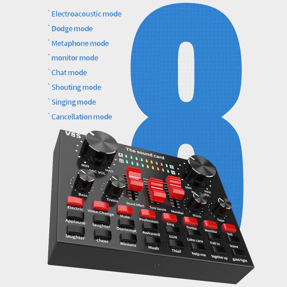 V8s portable live broadcast dsp stereo mixer music recording sound card microphone usb rechargeable 3.5mm interface
