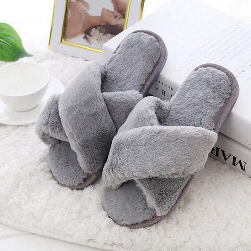 Zachte Winter Dames Slippers Warm Huis Indoor Slaapkamer Pluche Open Teen Sandalen Mode Meisjes Indoor Slippers Schoenen Voor Vrouwen: Gray / 40-41