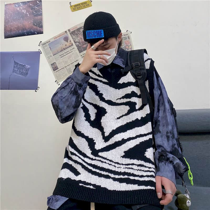Streetwear punk kamizelka kobiety mężczyźni topsTrend ins biodro-chmiel ulica czarno-biały wzór zebry bez rękawów kamizelka z dzianiny sweter kamizelka