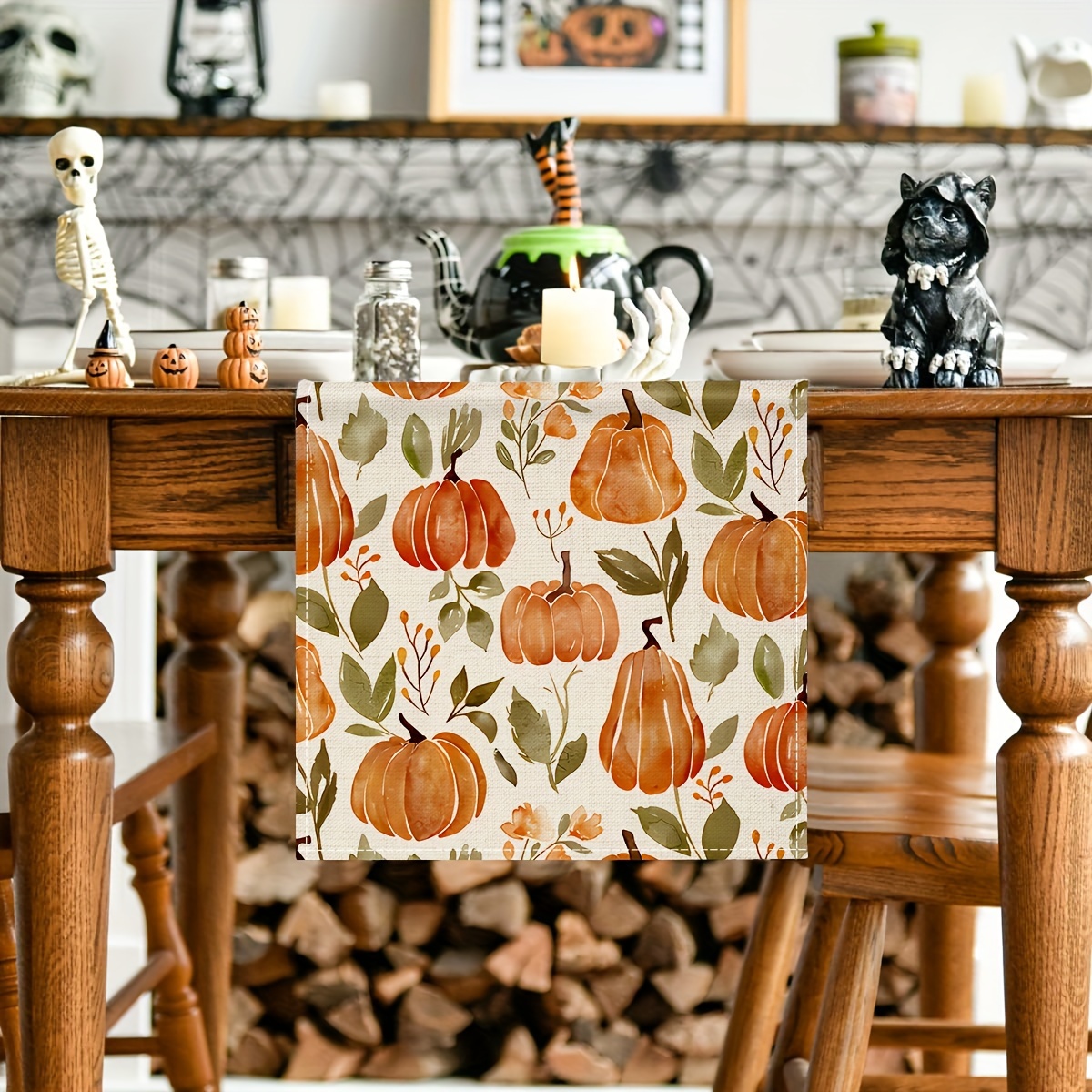 Herfstpompoen tafelloper van polyestervezel met aquarelpatroon, een stijlvolle en duurzame decoratie voor op de keukentafel.